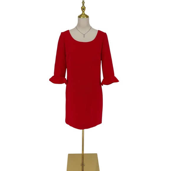 ANN TAYLOR Red Crepe Flouncy Lined 3/4 Ruffle Bell Fluted Sleeve Dress Sz 6 NWT - Picture 2 of 13